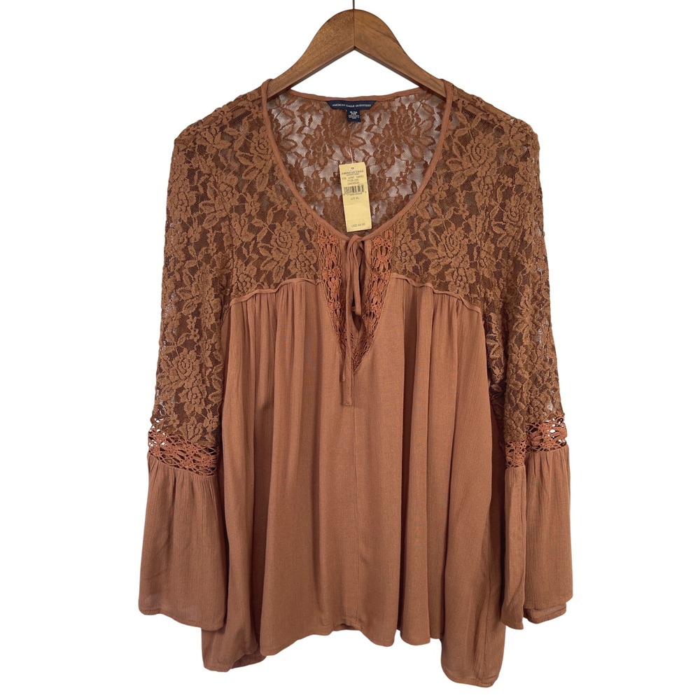 American Eagle BohO Lace Bell Sleeve Top XL Brown Peasant Whimsical Ethereal